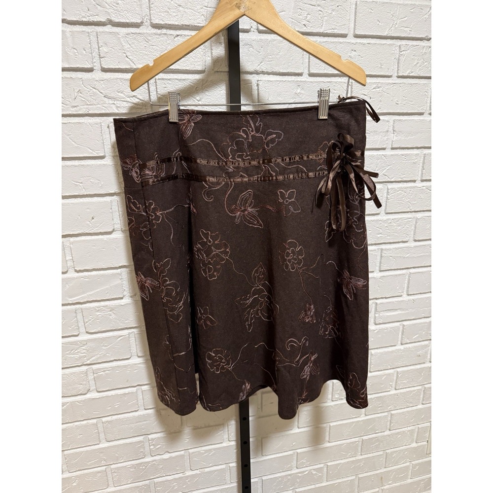 Brown Wool Blend Floral Wrap Skirt XL Embroidered Y2K Boho‎ Cottagecore Tie